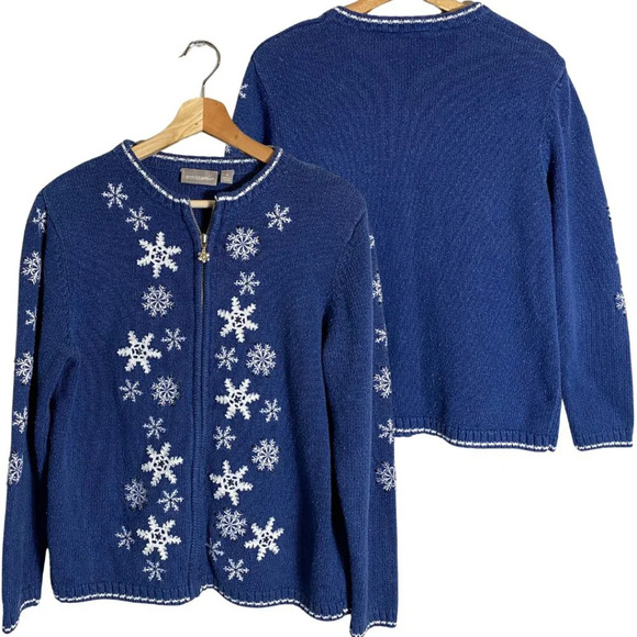 Vtg Croft & Barrow Snowflake Christmas Silk Full Zip Sweater Women's Small Blue - Picture 1 of 12